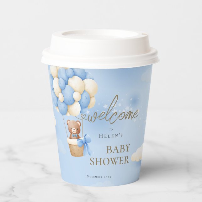 We can Bearly Wait Blue Teddy Bear Baby Shower Paper Cups (Front)