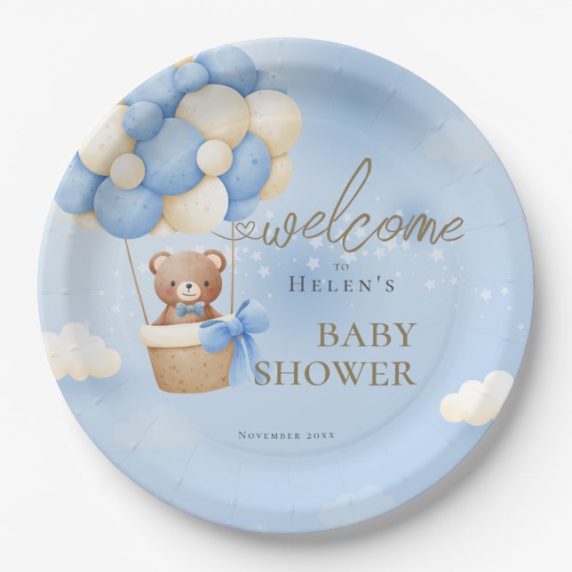 We can Bearly Wait Blue Teddy Bear Baby Shower Paper Plate (Front)