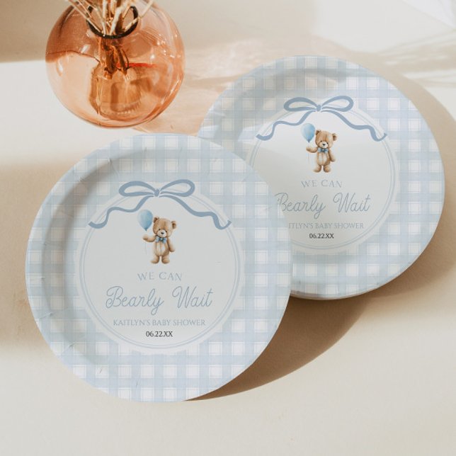 We Can Bearly Wait Blue Teddy Bear Baby Shower Paper Plate (Creator Uploaded)