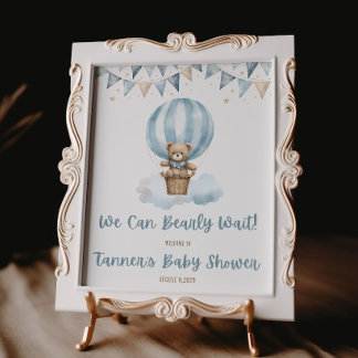 We Can Bearly Wait! Blue Teddy Bear Baby Shower Poster