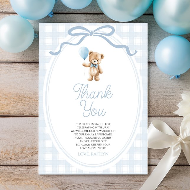 We Can Bearly Wait Blue Teddy Bear Baby Shower Thank You Card (Creator Uploaded)