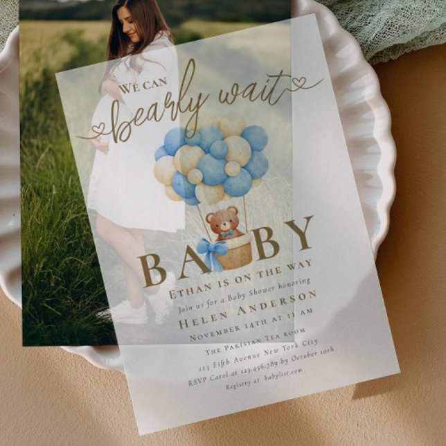 We can Bearly Wait Blue Teddy Bear Baby Shower Vellum Invitations (Creator Uploaded)