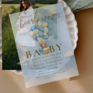 We can Bearly Wait Blue Teddy Bear Baby Shower Vellum Invitations