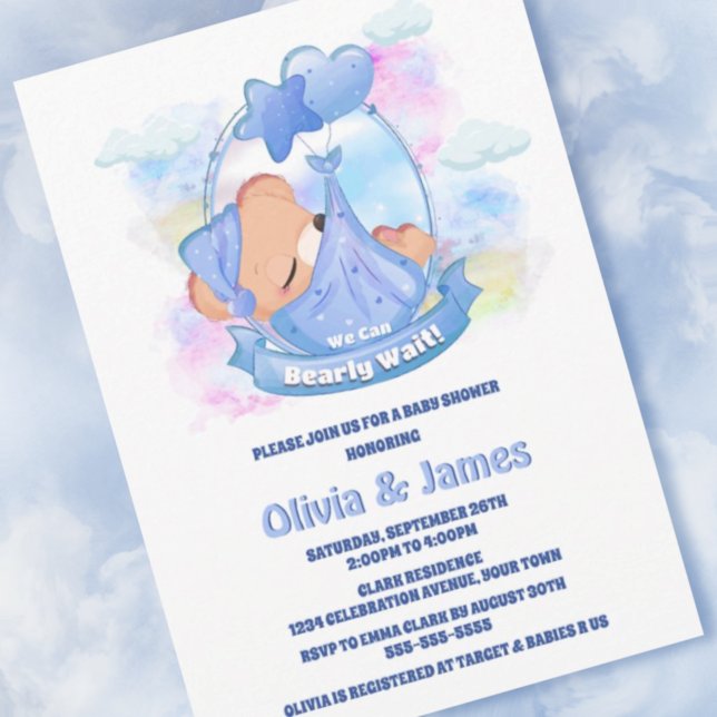 We Can Bearly Wait Blue Teddy Bear Balloons Invitation (Creator Uploaded)