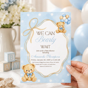 We Can Bearly Wait Blue Teddy Bear Boy Baby Shower Invitation