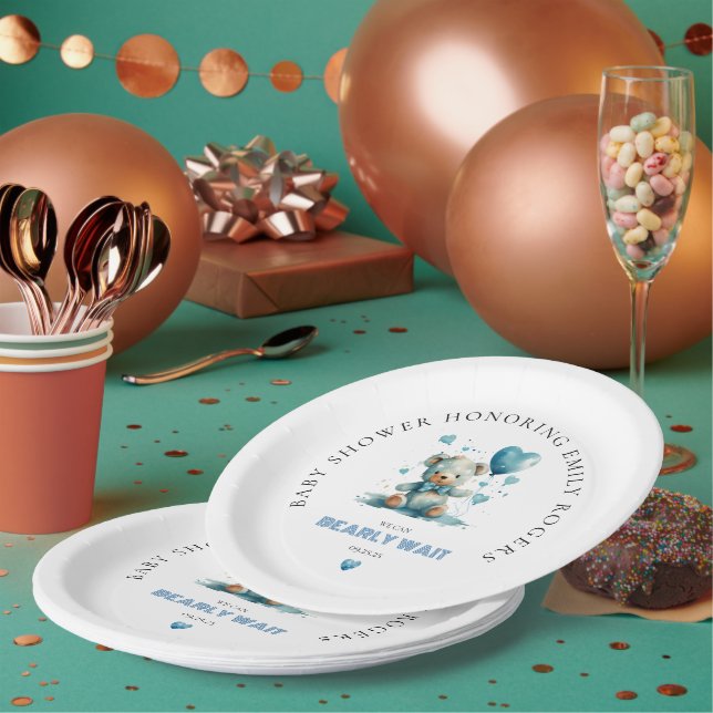 We Can Bearly Wait Blue Teddy Bear Paper Plate (Multi)