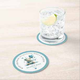 We Can Bearly Wait Blue Teddy Bear Round Paper Coaster