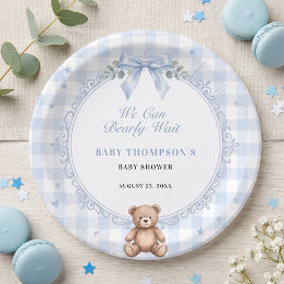 We Can Bearly Wait Blue Watercolor Bear Paper Plate