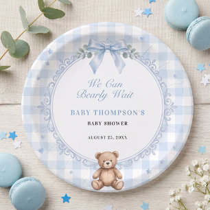 We Can Bearly Wait Blue Watercolor Bear Paper Plate