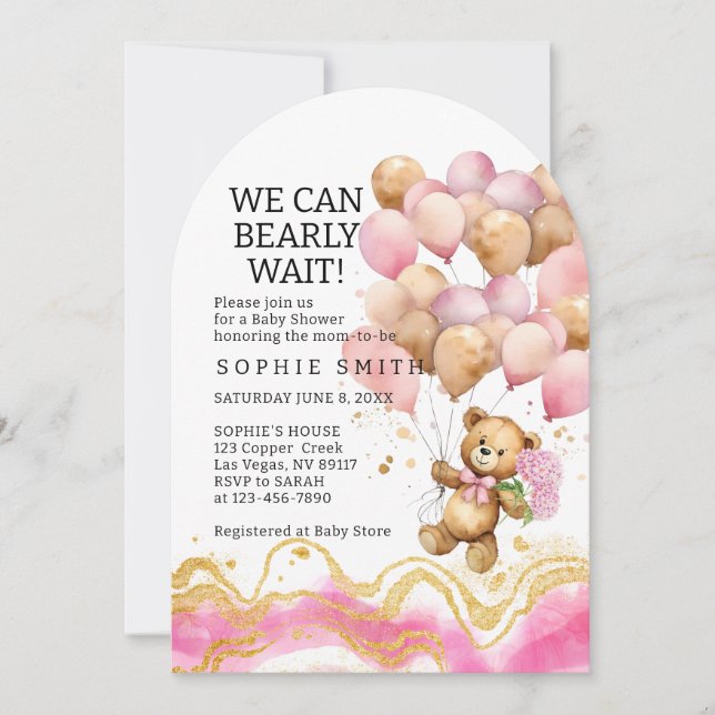 We Can Bearly Wait Blush Pink And Gold Abstract Invitation (Front)