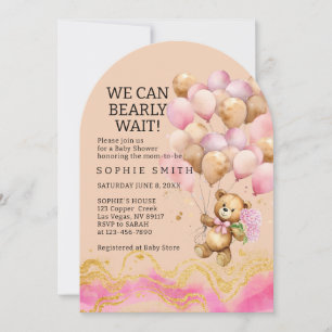 We Can Bearly Wait Blush Pink And Gold Abstract Invitation