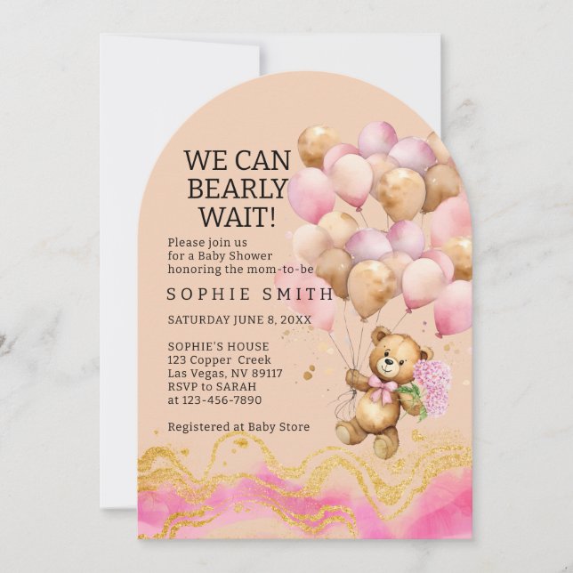 We Can Bearly Wait Blush Pink And Gold Abstract Invitation (Front)
