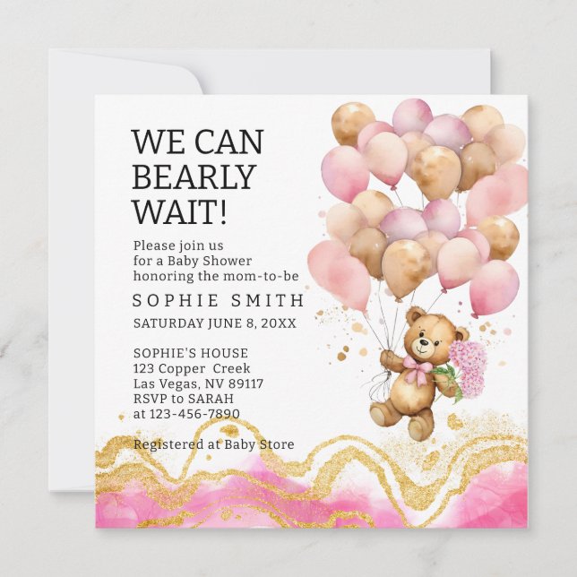 We Can Bearly Wait Blush Pink And Gold Abstract Invitation (Front)