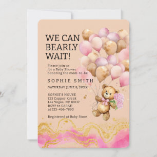 We Can Bearly Wait Blush Pink And Gold Abstract Invitation