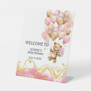 We Can Bearly Wait Blush Pink And Gold Abstract Pedestal Sign