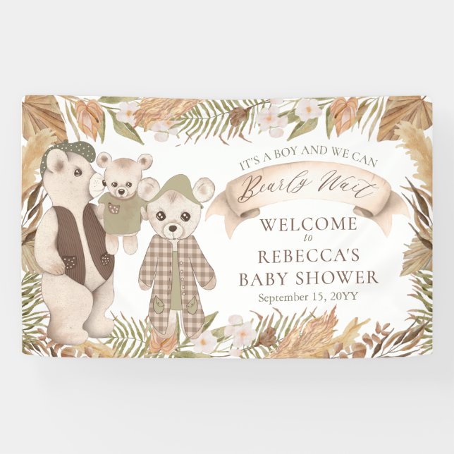 We Can Bearly Wait Boho Bear Family Baby Shower Banner (Horizontal)