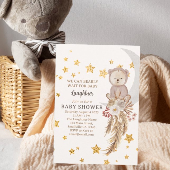 We Can Bearly Wait Boho Bear Moon Baby Shower Invitation (Creator Uploaded)