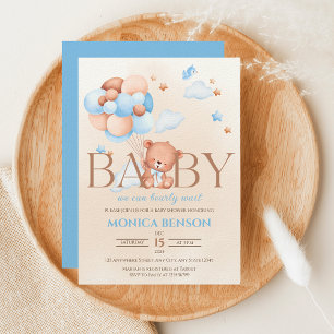 We Can Bearly Wait Boho Blue Beige Baby Shower  Invitation