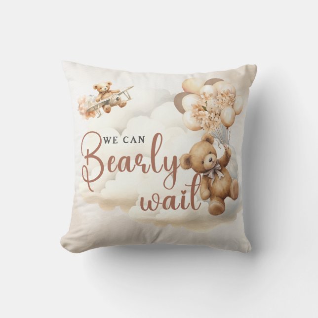 We Can Bearly Wait Boho Gender Neutral Baby Shower Cushion (Front)