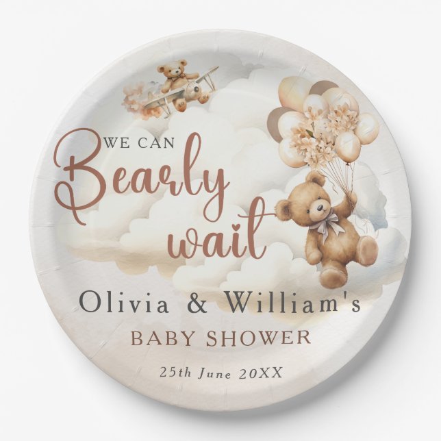 We Can Bearly Wait Boho Gender Neutral Baby Shower Paper Plate (Front)