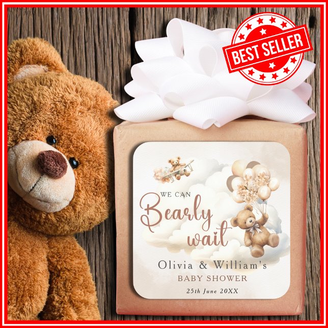We Can Bearly Wait Boho Gender Neutral Baby Shower Square Sticker (Creator Uploaded)