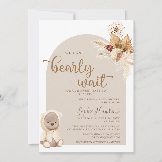 We Can Bearly Wait Boho Teddy Bear Baby shower Invitation (Front)