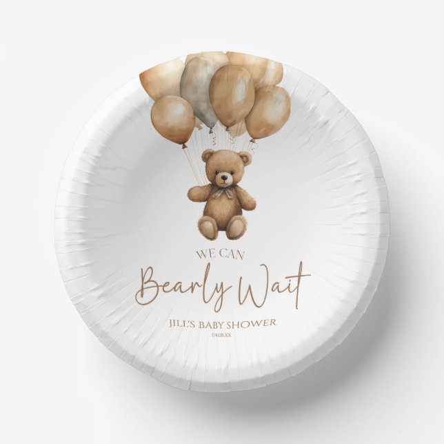 We Can Bearly Wait Boho Teddy Bear Baby Shower Paper Plate (Front)