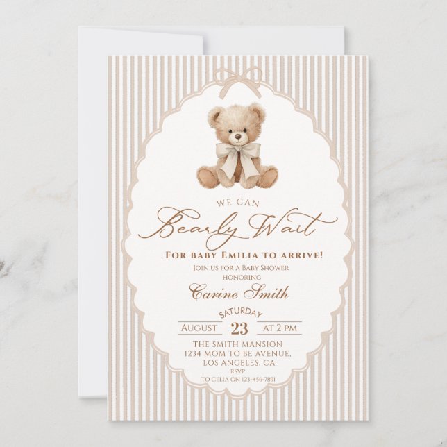 We Can Bearly Wait bow Baby Shower Invitation (Front)