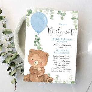We can bearly wait boy baby shower balloon invitation