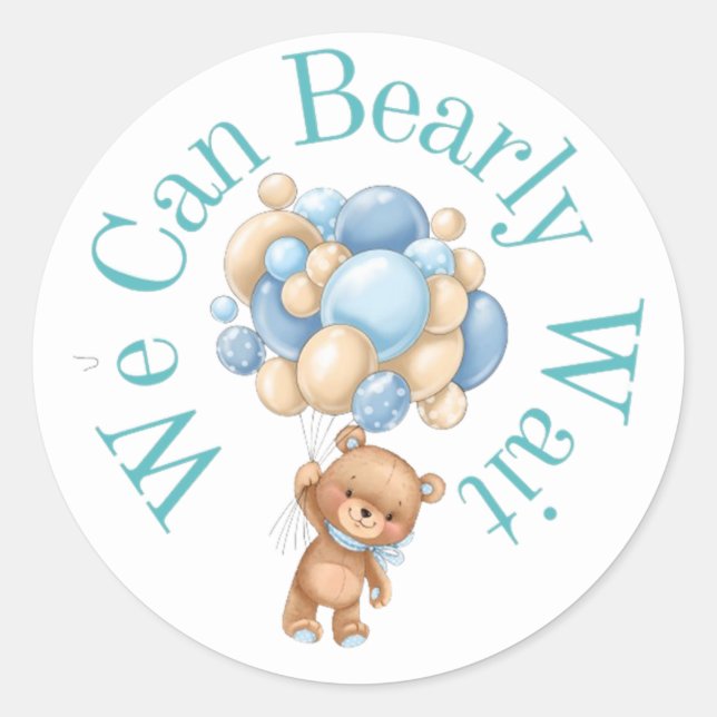 We can bearly wait Boy Baby Shower  Classic Round Sticker (Front)