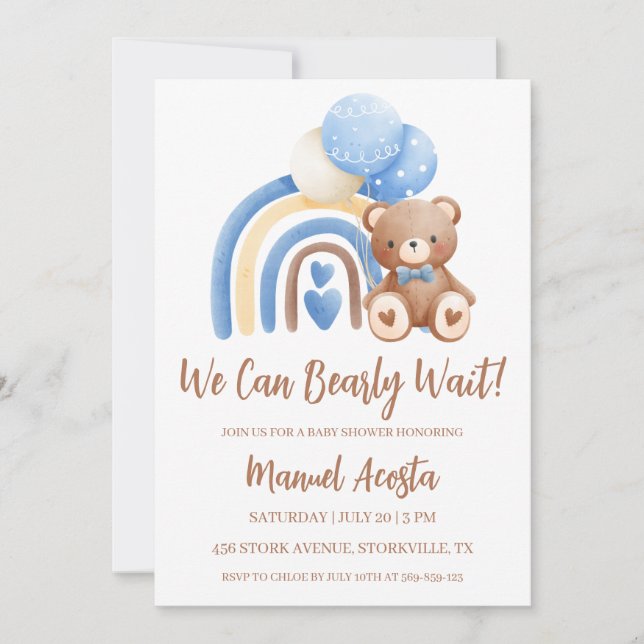 We Can Bearly Wait Boy Baby Shower Invitation (Front)