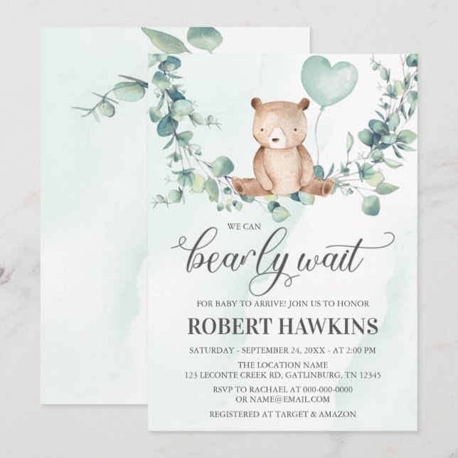 We Can Bearly Wait Boy Baby Shower Invitation (Front/Back)