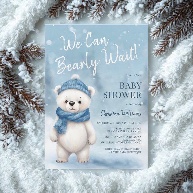 We Can Bearly Wait Boy Baby Shower Invitation ❄️🐻 (Creator Uploaded)