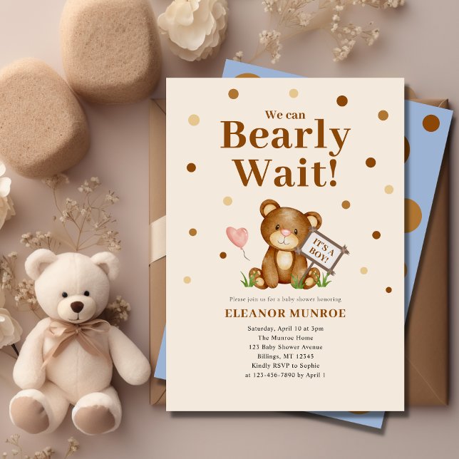 We Can Bearly Wait Boy Baby Shower  Invitation (Creator Uploaded)