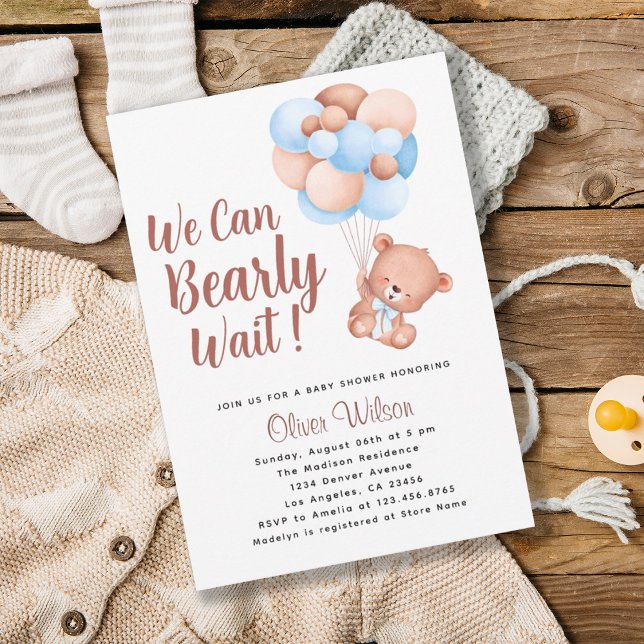 We Can Bearly Wait Boy Baby Shower Invitation (Creator Uploaded)