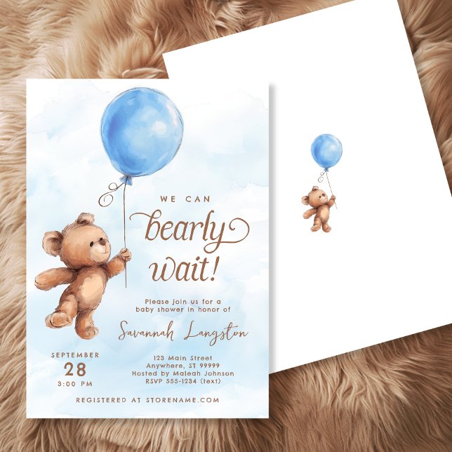 We Can Bearly Wait Boy Baby Shower Invitation (Front + Back | 5" x 7" invitation)
