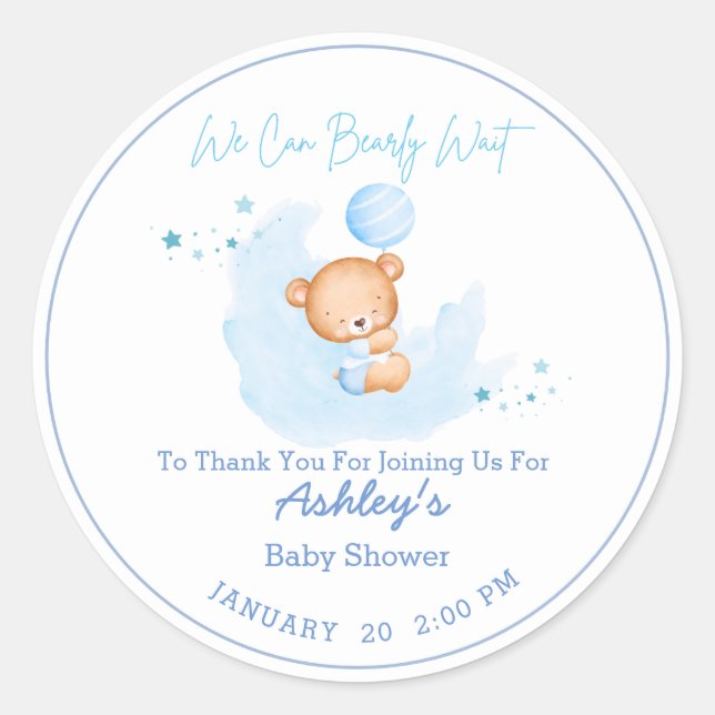 We Can Bearly Wait Boy Baby Shower Invitation Classic Round Sticker (Front)