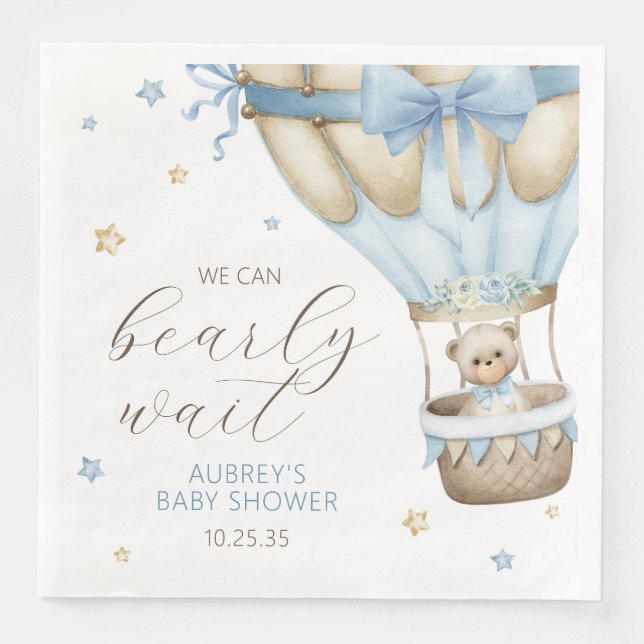 We Can Bearly Wait Boy Baby Shower Napkin (Front)