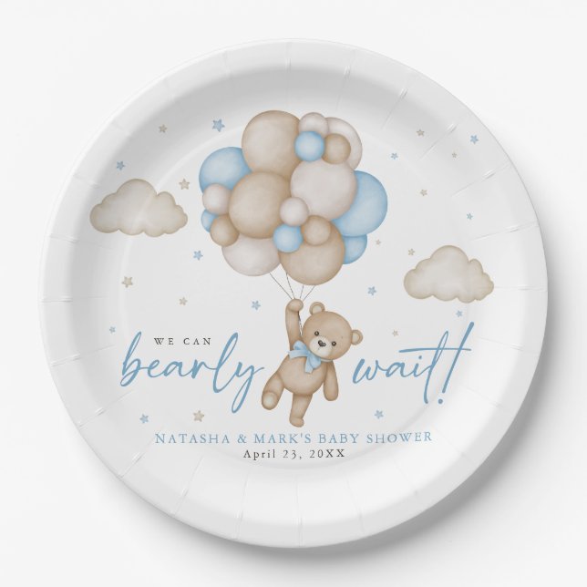 We Can Bearly Wait Boy Baby Shower Paper Plate (Front)