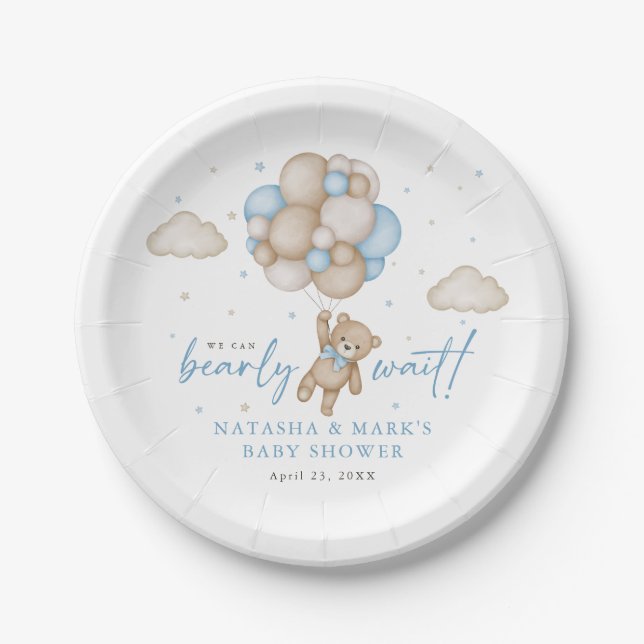 We Can Bearly Wait Boy Baby Shower Paper Plate (Front)