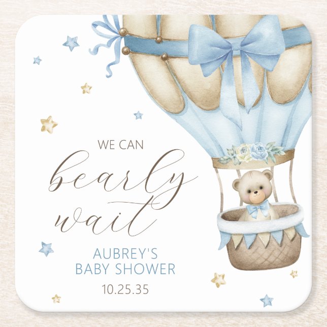 We Can Bearly Wait Boy Baby Shower Square Paper Coaster (Front)