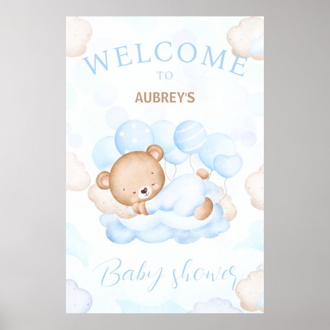 We Can Bearly Wait Boy Baby shower welcome sign (Front)