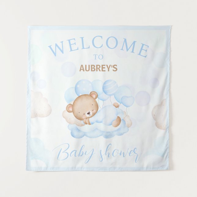 We Can Bearly Wait Boy Baby shower welcome sign Tapestry (Front)