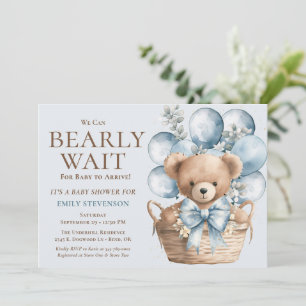 We Can Bearly Wait Boy Bear In Basket Baby Shower Invitation