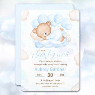 We Can Bearly Wait Boy Blue Cute Bear Baby Shower Invitation