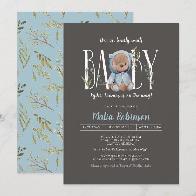 We Can Bearly Wait! Boy Blue Teddy Bear Shower Invitation (Front/Back)