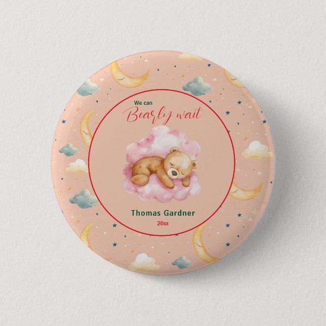 We Can Bearly Wait Boy Cute Bear Baby Shower  6 Cm Round Badge (Front)