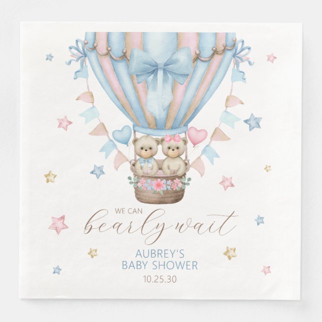 We Can Bearly Wait Boy Girl Twin Baby Shower Napkin (Front)
