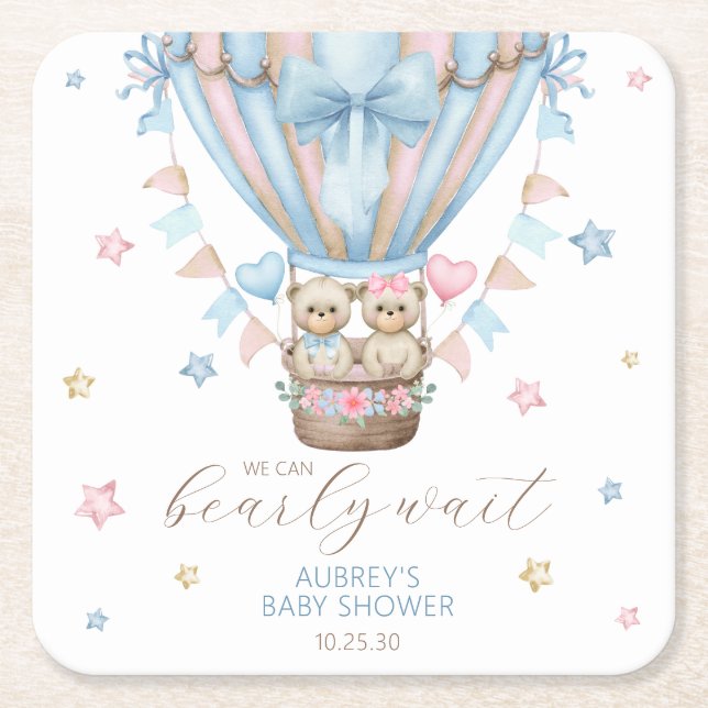 We Can Bearly Wait Boy Girl Twin Baby Shower Square Paper Coaster (Front)