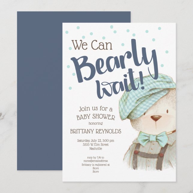 We Can Bearly Wait Boy Teddy Bear Baby Shower Invitation (Front/Back)